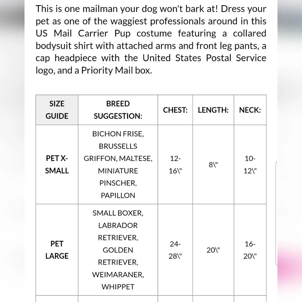 NEW U.S. Mail Carrier Pup Dog Costume Partial Set Pet Large